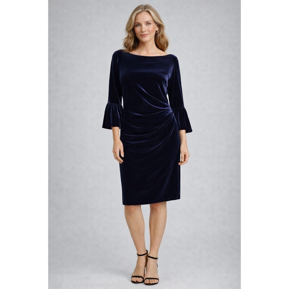 Eliza J Navy Blue Velvet Bodycon Dress Size 14 | Bell Sleeve Cocktail